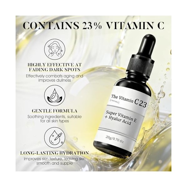 23% Vitamine C Serum Visage, Sérum Vitamine C avec vitamine e et Acide Hyaluronique, Serum Hydratant Visage, Améliore la Peau