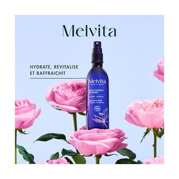 Melvita - Eau Florale de Rose Visage - Tonique Hydratant et Rafraîchissant pour Compléter le Démaquillage - Flacon Pompe 200 ...
