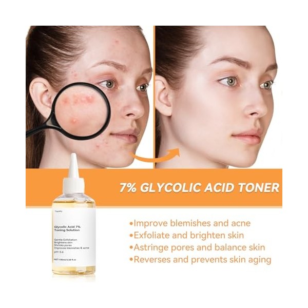 Acide Glycolique 7% Toning Solution, Convient à Tous les Types de Peau, Tonique Hydratant, Tonique Skincare Glycolic Acid, Ex