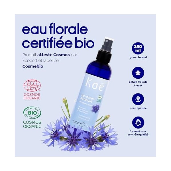 KAÉ Eau Florale de Bleuet Bio 98,8% Naturelle - Démaquillant Yeux Sensibles - Lotion Tonique Visage Apaisante - Décongestionn...