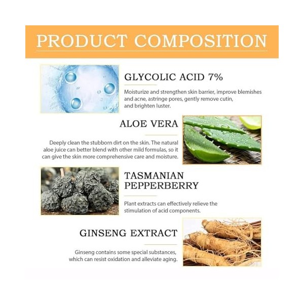 Acide Glycolique 7%, 100ML Acide Glycolique 7% Tonique, Glycolic Acid 7% Toning Resurfacing Solution, Glycolic Acid 7% Toning