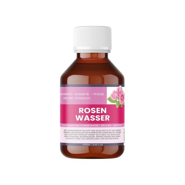 Eau de Rose Bio 250ml - 100% Pure Rose Damascena Hydrolat pour Visage, Cheveux & DIY Cosmétique - Organic Rose Water - Nakobe