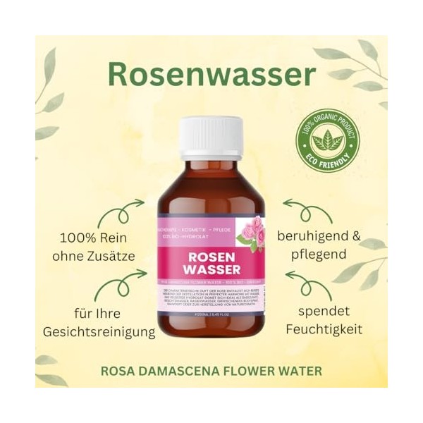Eau de Rose Bio 250ml - 100% Pure Rose Damascena Hydrolat pour Visage, Cheveux & DIY Cosmétique - Organic Rose Water - Nakobe