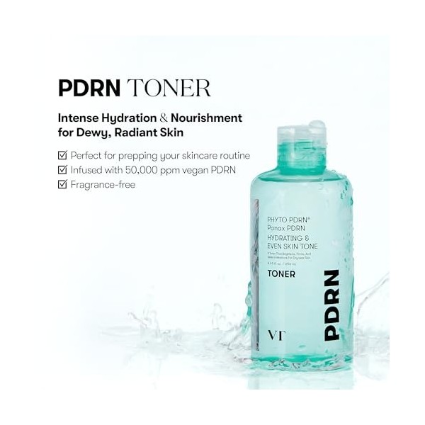 VT COSMETICS PDRN Toner hydratant pour le visage avec 50 000 ppm PDRN végétalien, ginseng sauvage coréen, niacinamide et pant