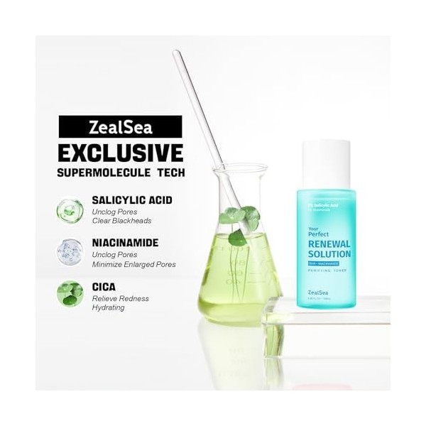 ZealSea Tonique Acide Salicylique, Anti-points noirs, Exfoliant Liquide BHA CICA, format voyage 100ml , Réduit les Pores, Sa ...