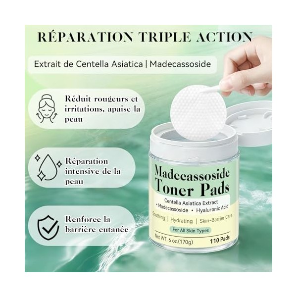 Toner Pad à la centella asiatica, Toner Visage, Exfoliation Douce, Soin Apaisant pour Peau Rouge, Hydratation et Pores, Tampo