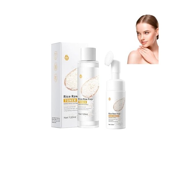 Dyceittdia Eau de Riz pour le Visage, 120ml Tonique au lait de riz et 120ml Mousse nettoyante au riz, Raffermissant, Lotion a