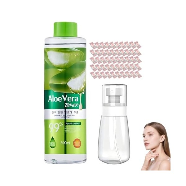 Lotion visage à laloe vera 500 ml, hydratante, apaisante et réparatrice, avec vaporisateur de 60 ml + 50 masques de compress