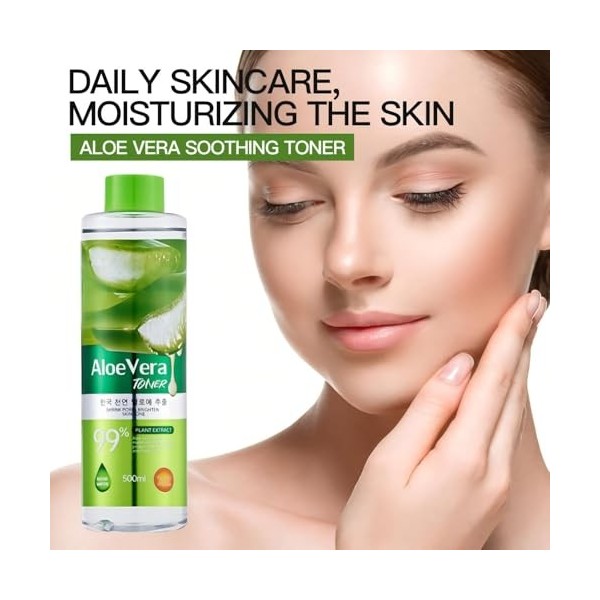 Lotion visage à laloe vera 500 ml, hydratante, apaisante et réparatrice, avec vaporisateur de 60 ml + 50 masques de compress