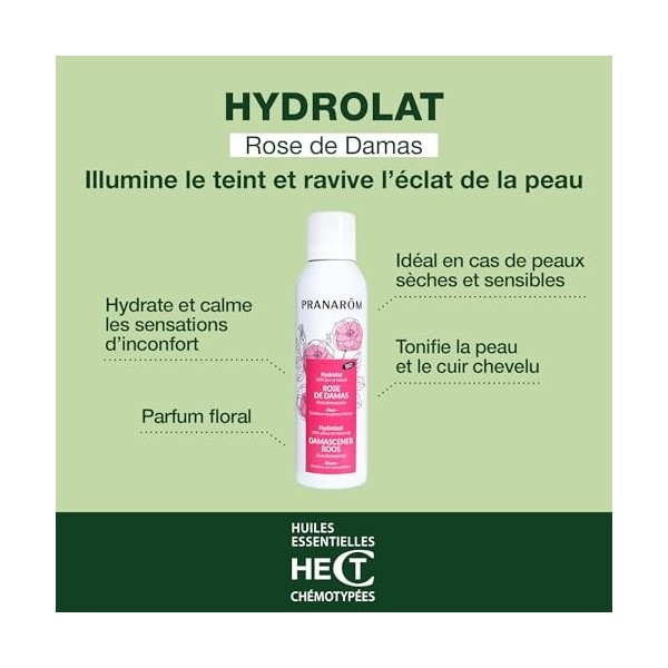 PRANARÔM - Eau Florale de Rose de Damas BIO – Tonifiant, Ravive léclat de la peau - Hydrolat 100% Pur et Naturel - 150 ML L L...