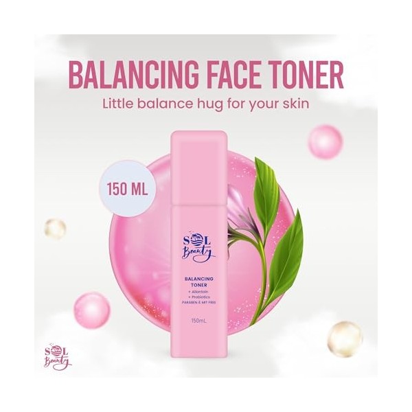 Sol Beauty Lotion tonique équilibrante pour le visage - 150 ml. Lotion tonique hydratante pour le visage, légère, étape quoti