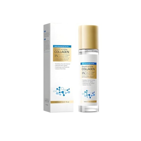 Lotion Tonique Collagène Type 3, Tonifiant Hydratant Visage, Anti-Rides, Raffermissant, Lissant, Améliore Lélasticité Et La 