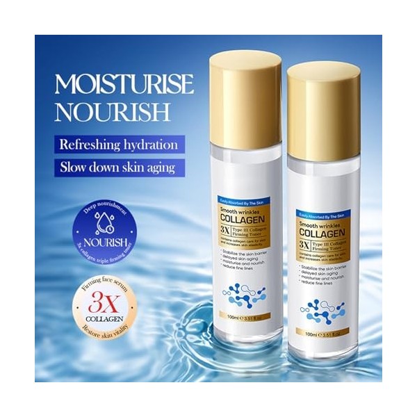 Lotion Tonique Collagène Type 3, Tonifiant Hydratant Visage, Anti-Rides, Raffermissant, Lissant, Améliore Lélasticité Et La 