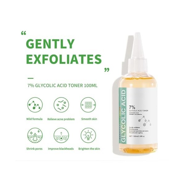 Tonique Acide Glycolique 7%, Pour Une Exfoliation Efficace Et Douce, Nettoie Les Pores En Profondeur Et Élimine Les Impuretés