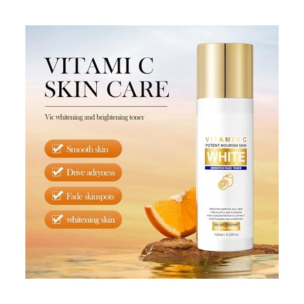 Lotion Tonique Vitamin C Éclaircissante Et Raffermissante, Illumine Le Teint Et Estompe Les Taches Sombres, Revitalise Et Uni