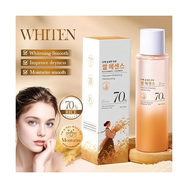Toner Éclaircissant à Lextrait de Riz 70%, Lotion Hydratante et Nourrissante pour le Visage, Estompe les Taches Sombres et U