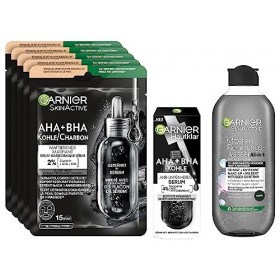 Garnier SkinActive Black Skin Routine Kit de soin du visage avec 5 masques noirs, tonique micellaire et sérum AHA BHA pour un