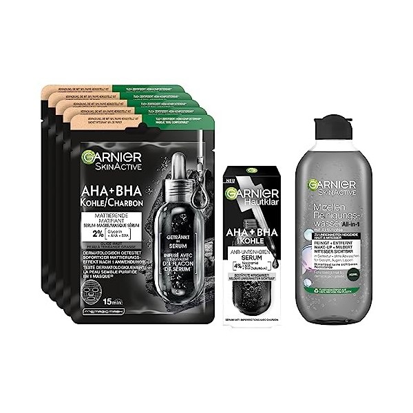 Garnier SkinActive Black Skin Routine Kit de soin du visage avec 5 masques noirs, tonique micellaire et sérum AHA BHA pour un