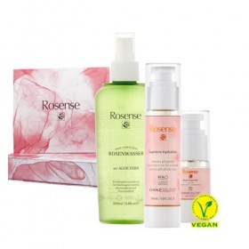 Rosense Blumenzauber-Geschenkset- Rosenwasser / Gesichtswasser Spray mit Aloe Vera 200ml, Gesichtscreme für trockene und empf