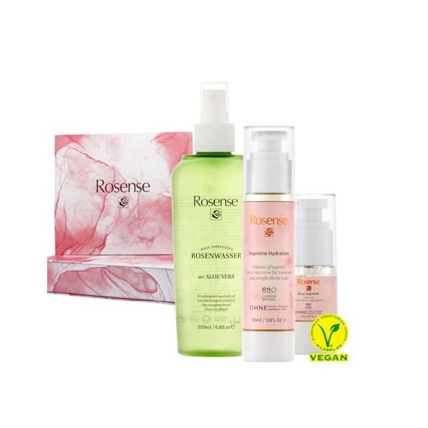 Rosense Blumenzauber-Geschenkset- Rosenwasser / Gesichtswasser Spray mit Aloe Vera 200ml, Gesichtscreme für trockene und empf