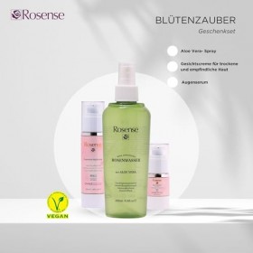 Rosense Blumenzauber-Geschenkset- Rosenwasser / Gesichtswasser Spray mit Aloe Vera 200ml, Gesichtscreme für trockene und empf