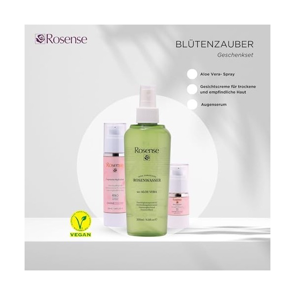 Rosense Blumenzauber-Geschenkset- Rosenwasser / Gesichtswasser Spray mit Aloe Vera 200ml, Gesichtscreme für trockene und empf