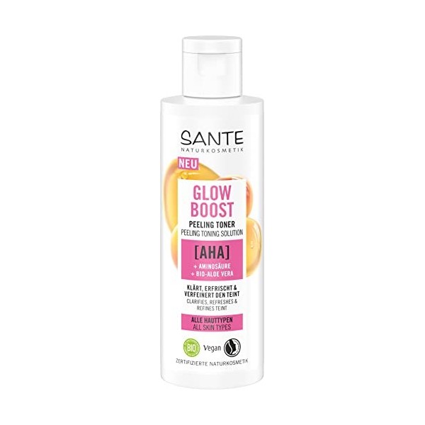 SANTE Naturkosmetik Glow Boost Peeling Toner, nettoyant clarifiant pour le visage avec AHA, acides aminés et aloe vera bio, t