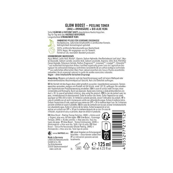SANTE Naturkosmetik Glow Boost Peeling Toner, nettoyant clarifiant pour le visage avec AHA, acides aminés et aloe vera bio, t