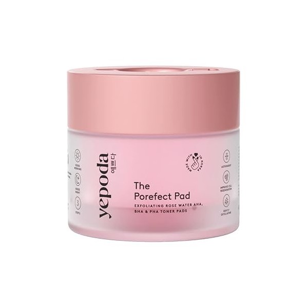 Yepoda The Porefect Pad, tampons toniques exfoliants à l’eau de rose, AHA, BHA & PHA, Exfoliation douce & raffermissant les p