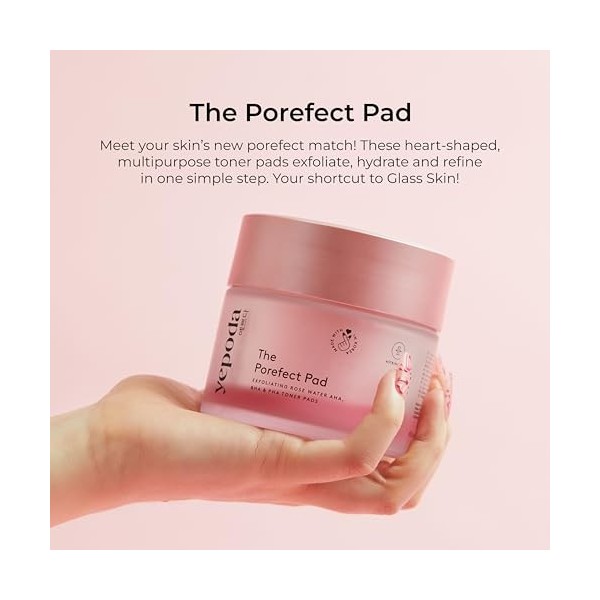 Yepoda The Porefect Pad, tampons toniques exfoliants à l’eau de rose, AHA, BHA & PHA, Exfoliation douce & raffermissant les p