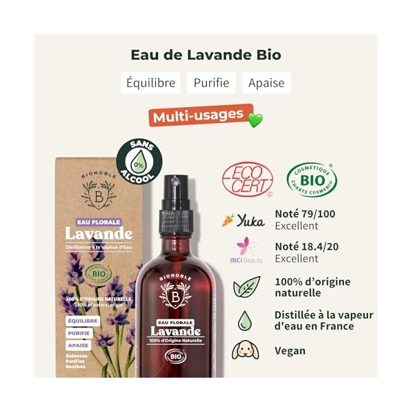 BIONOBLE Hydrolat Lavande Bio - Apaise, Purifie et Régule lAcné - Spray Lavande Bio pour Visage, Corps et Cheveux - Eau Flor ...