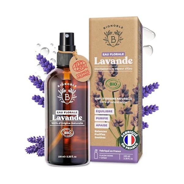 BIONOBLE Hydrolat Lavande Bio - Apaise, Purifie et Régule lAcné - Spray Lavande Bio pour Visage, Corps et Cheveux - Eau Flor ...