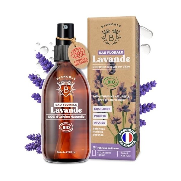 BIONOBLE Hydrolat Lavande Bio - Apaise, Purifie et Régule lAcné - Spray Lavande Bio pour Visage, Corps et Cheveux - Eau Flor ...