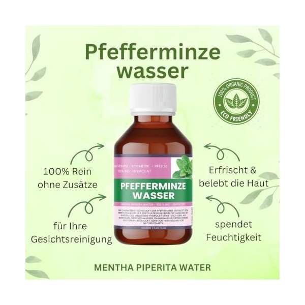 Eau de menthe poivrée bio 250 ml – Hydrolat de Mentha Piperita 100 % pur pour la peau, les cheveux et laromathérapie – Certi ...