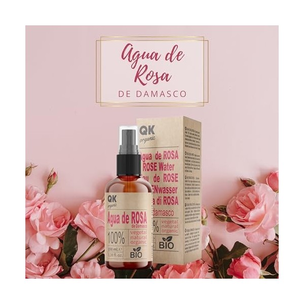 QKnatur - Eau de Rose de Damas Bio 100 ml - Tonique Visage 100% Pure et Naturelle - 100 ml - Visage, Contour des Yeux, Corps,