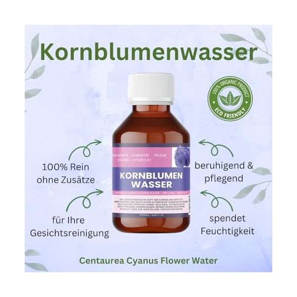 Eau de bleuet bio - 250 ml - Centaurea Cyanus Flower Water - Hydrolat naturel sans alcool - Pour le visage, le contour des ye...