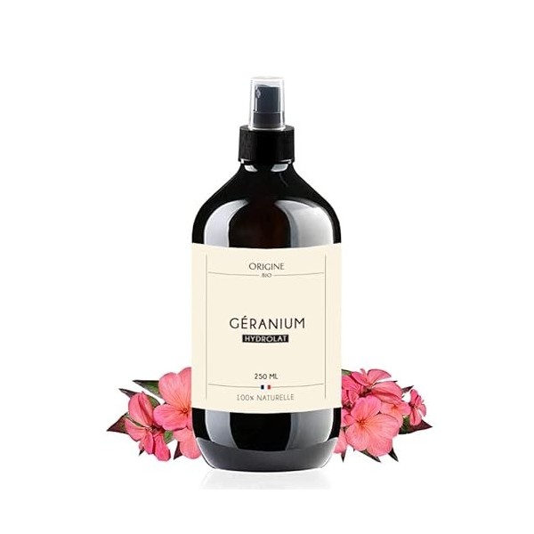 Origine Bio - Hydrolat de Géranium 250 ml - Eau Florale Geranium Spray Bouteille en Verre Marque Française Lotions Toniques