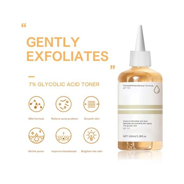 Acide Glycolique 7% Toner Visage, Acide Glycolique, Toner Tonique Peeling Visage, Solution Tonifiante À L’Acide Glycolique 7%