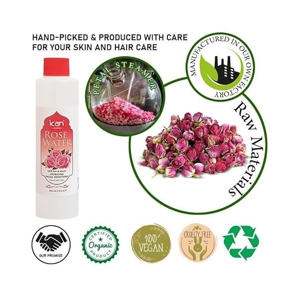 Eau de rose 100 % pure et naturelle pour hydrater le visage et lisser 250 ml