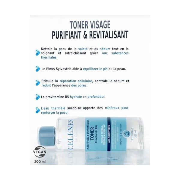 Celenes by Sweden Toner Visage Thermal Purifiant & Revitalisant, 200 ml - Lotion Visage Sans Alcool & Sans Paraben, Pour Tous...