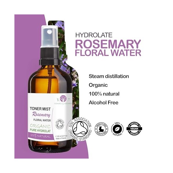 B.O.T cosmetic & wellness - Hydrolat de Romarin 100ml | Tonique Naturel Anti-Âge pour le Visage | Tonique pour Cheveux | Eau 