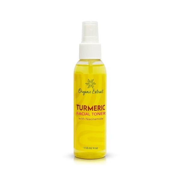 Toner Visage à lExtrait de Curcuma Bio - 4 fl oz / 118 ml - Tonique Éclaircissant pour le Visage, Élimine Doucement les Impu