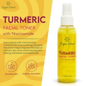 Toner Visage à lExtrait de Curcuma Bio - 4 fl oz / 118 ml - Tonique Éclaircissant pour le Visage, Élimine Doucement les Impu