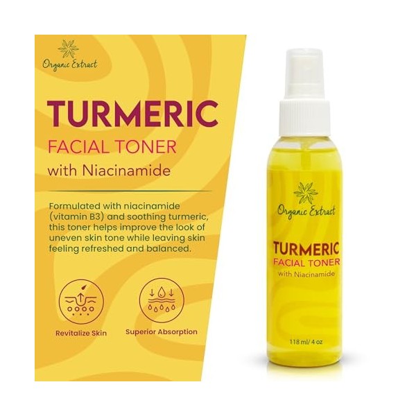 Toner Visage à lExtrait de Curcuma Bio - 4 fl oz / 118 ml - Tonique Éclaircissant pour le Visage, Élimine Doucement les Impu