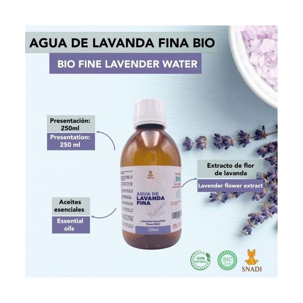 Snadi - Eau de Lavande Biologique 250 ml | Pure et Écologique | Tonique Régénérateur pour le Visage et les Cheveux | Apaisant