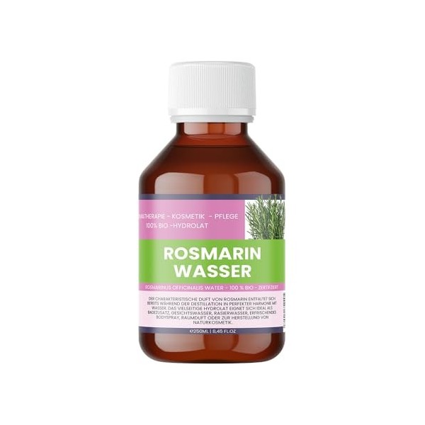 Eau de romarin bio - 250 ml - 100 % naturelle et végétalienne - Eau Rosmarinus Officinalis - Eau capillaire et soin du visage