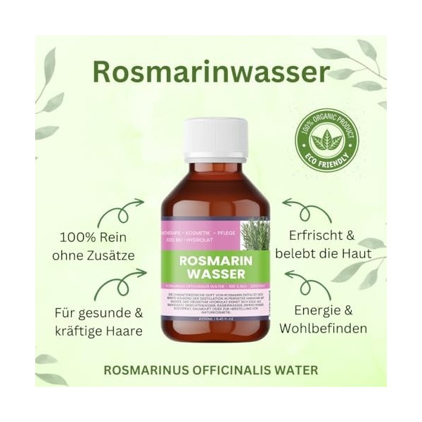 Eau de romarin bio - 250 ml - 100 % naturelle et végétalienne - Eau Rosmarinus Officinalis - Eau capillaire et soin du visage