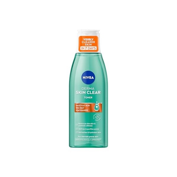 NIVEA Derma Skin Clear Toner 200 ml , tonifiant nettoyant et hydratant, toner à lacide salicylique enrichi en niacinamide p