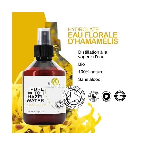 Nettoyant Facial à lhamamélis 250 ml Eau Pure dhamamélis Tonique Astringent Visage Peau Grasse, Mixte et Sensible Effet Ap Lo...