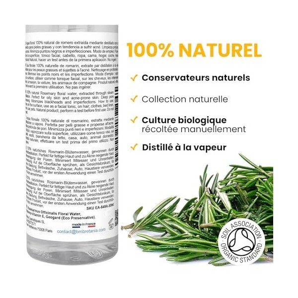Eau Florale Hydrolat de Romarin ● Peaux Grasse et Imperfections ● Tonique Peaux Mixtes et Grasses ● Spray Cheveux ● Parfum d